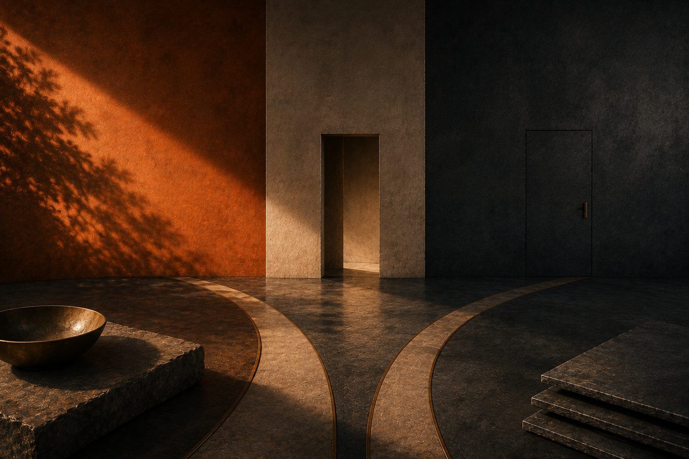 Two curved paths converge across a room split between a burnt-orange wall and a slate wall, with a lit doorway open in the centre and a closed door set into the slate wall, and a hammered brass bowl resting on a stone plinth.