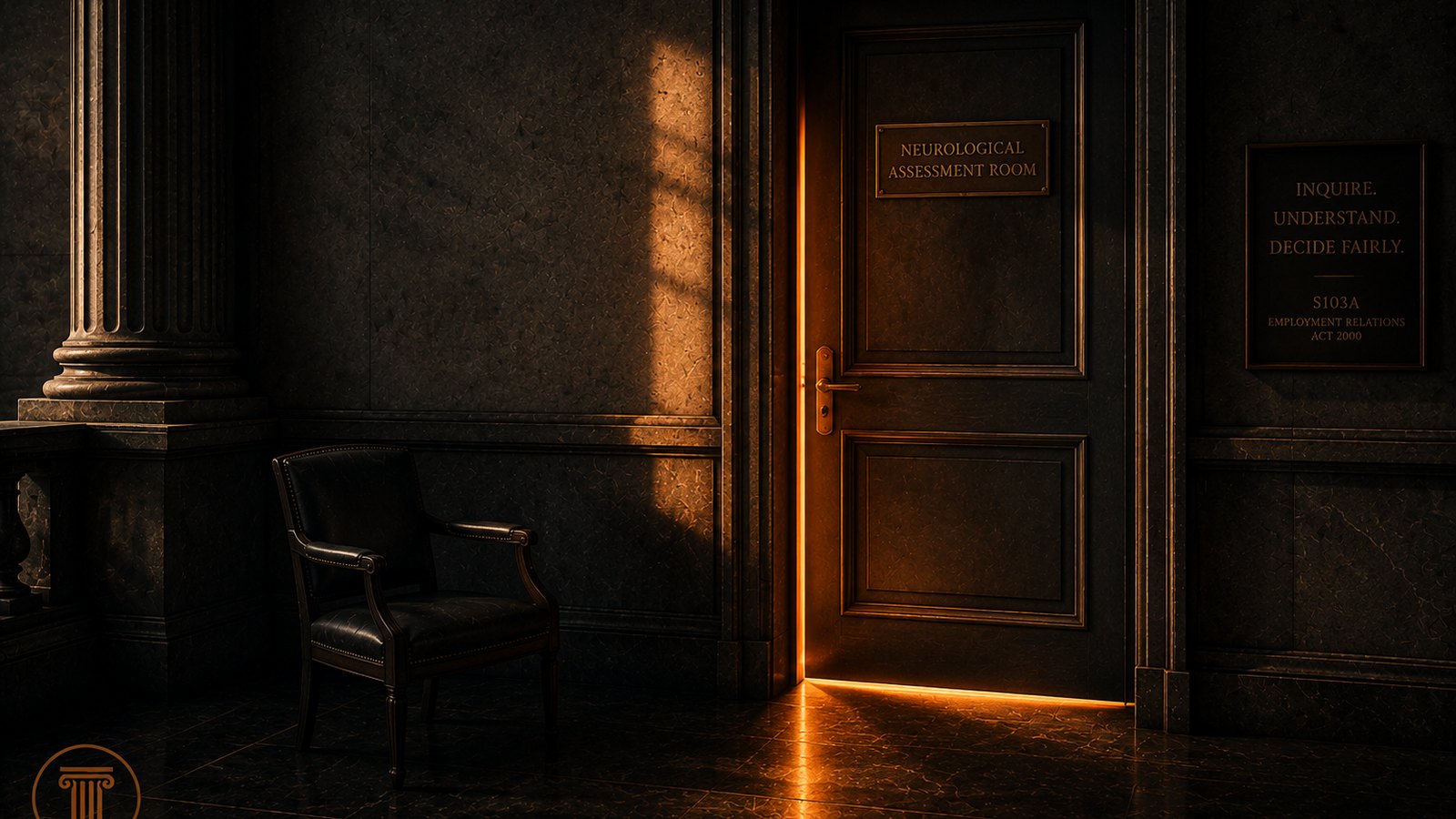 A dark marble waiting room in slate and warm light: a single empty leather chair beside a closed door plaqued ‘Neurological Assessment Room’, light spilling from beneath it, and a wall plaque reading ‘Inquire. Understand. Decide fairly. — s103A, Employment Relations Act 2000’.