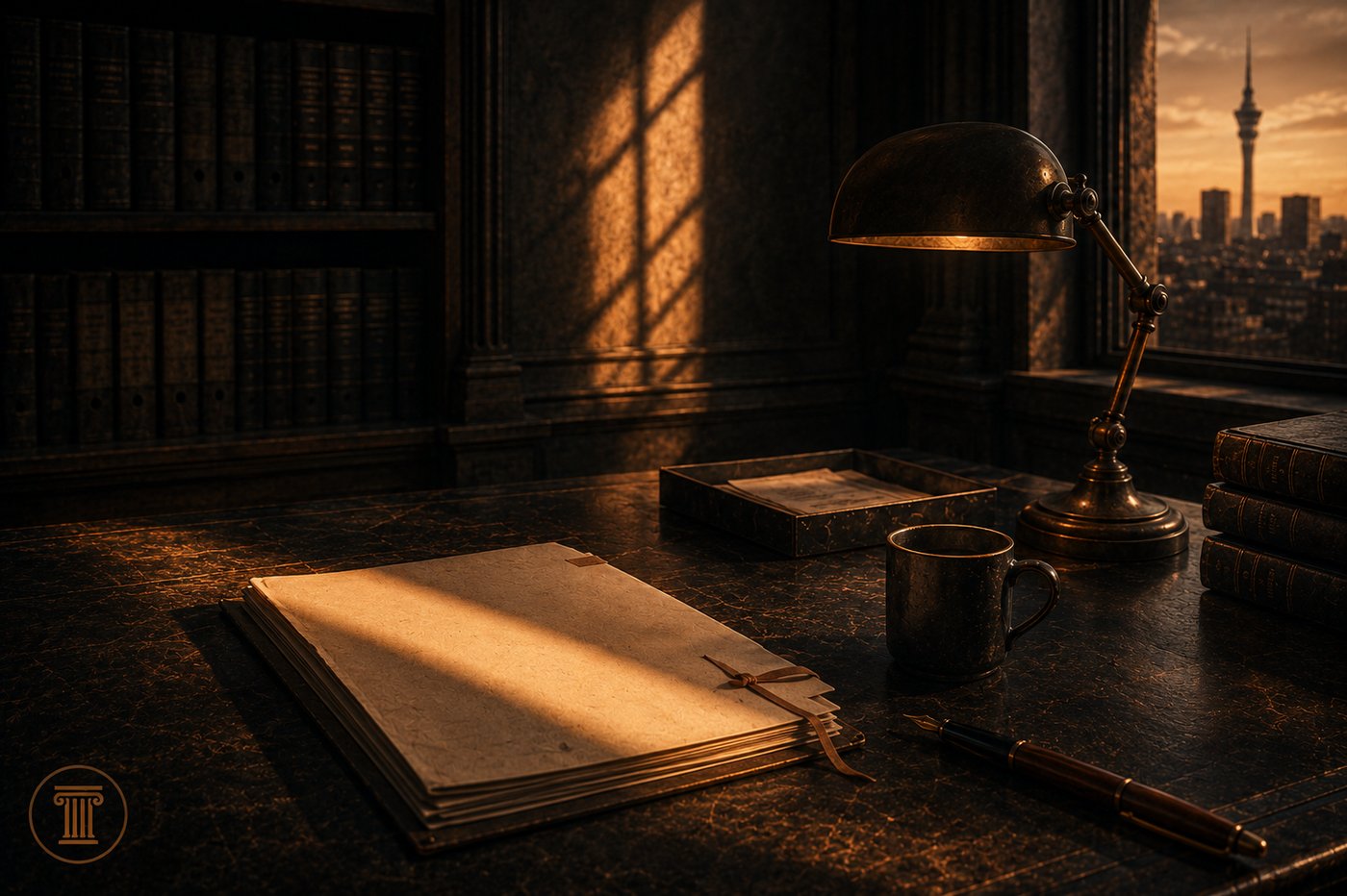 A practitioner’s desk at dusk in warm lamplight: a tied bundle of papers, a fountain pen, an empty cup, and bound law volumes, with the Auckland skyline and Sky Tower beyond the window.