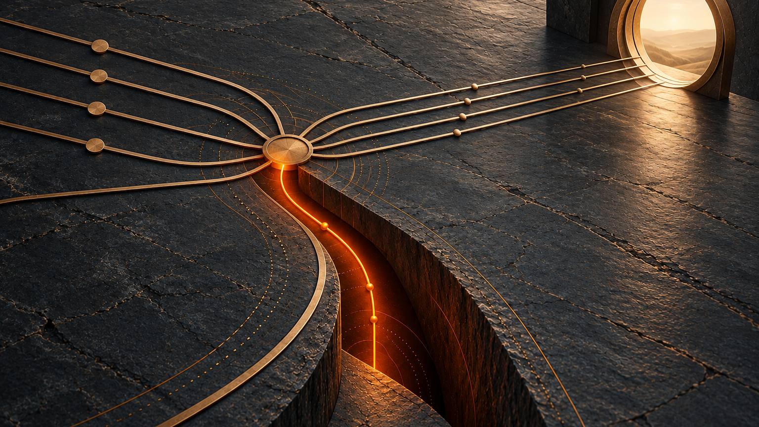 Bronze lines running across dark slate stone converge on a single bronze node; most continue towards a lit circular doorway, while one glowing burnt-orange line turns away and drops into a deep cut in the stone.