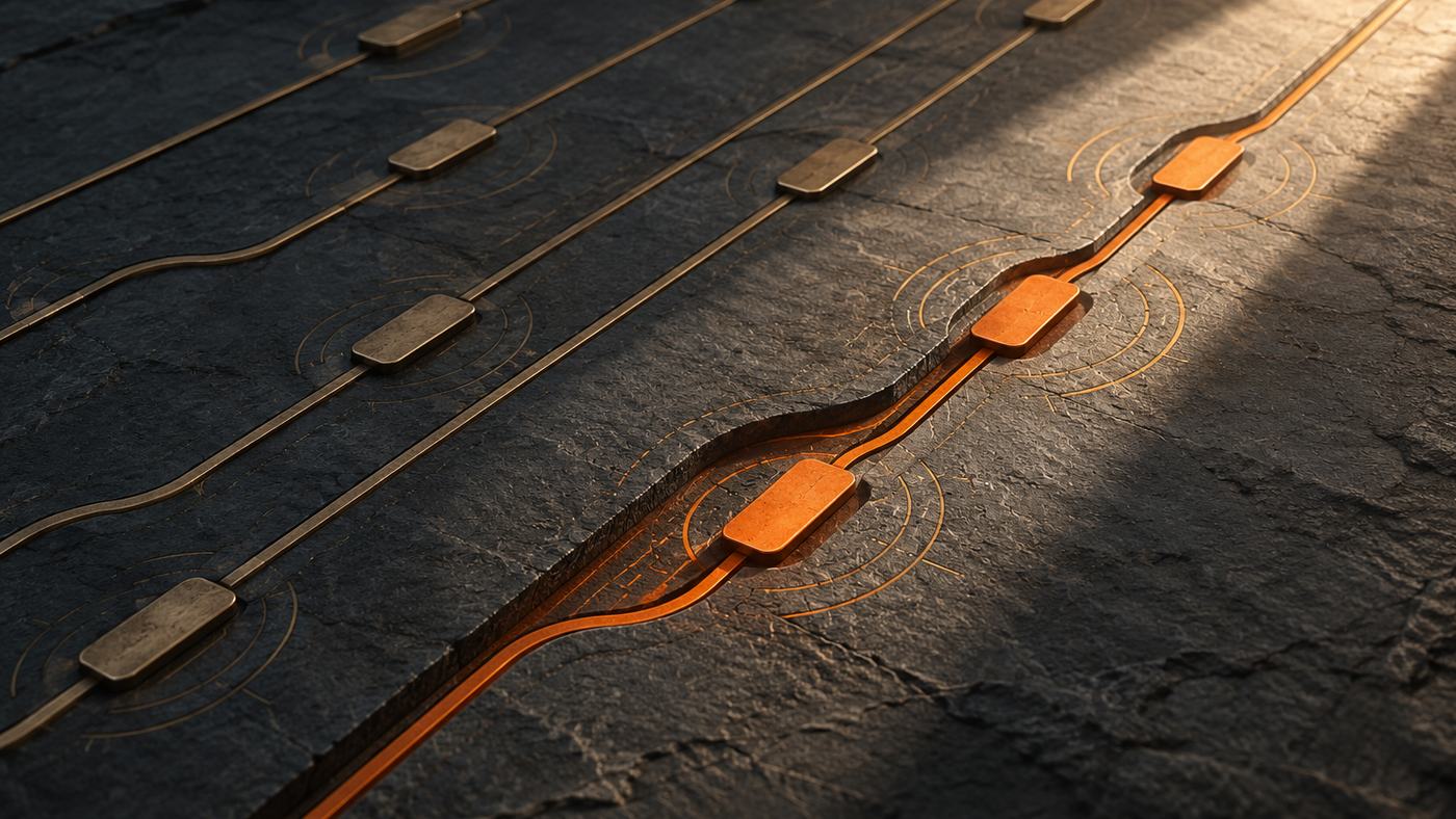 Parallel bronze lines with small bronze tabs run across dark slate; one line, picked out in burnt orange, bends away from the rest along a cut in the stone into a band of raking light.