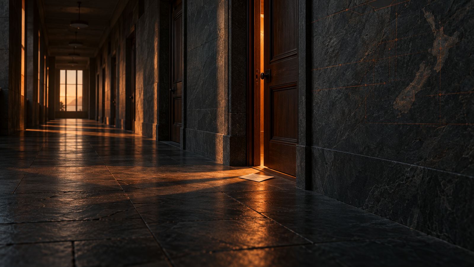 A dim stone corridor with one door ajar, warm light falling across an unopened envelope on the floor.