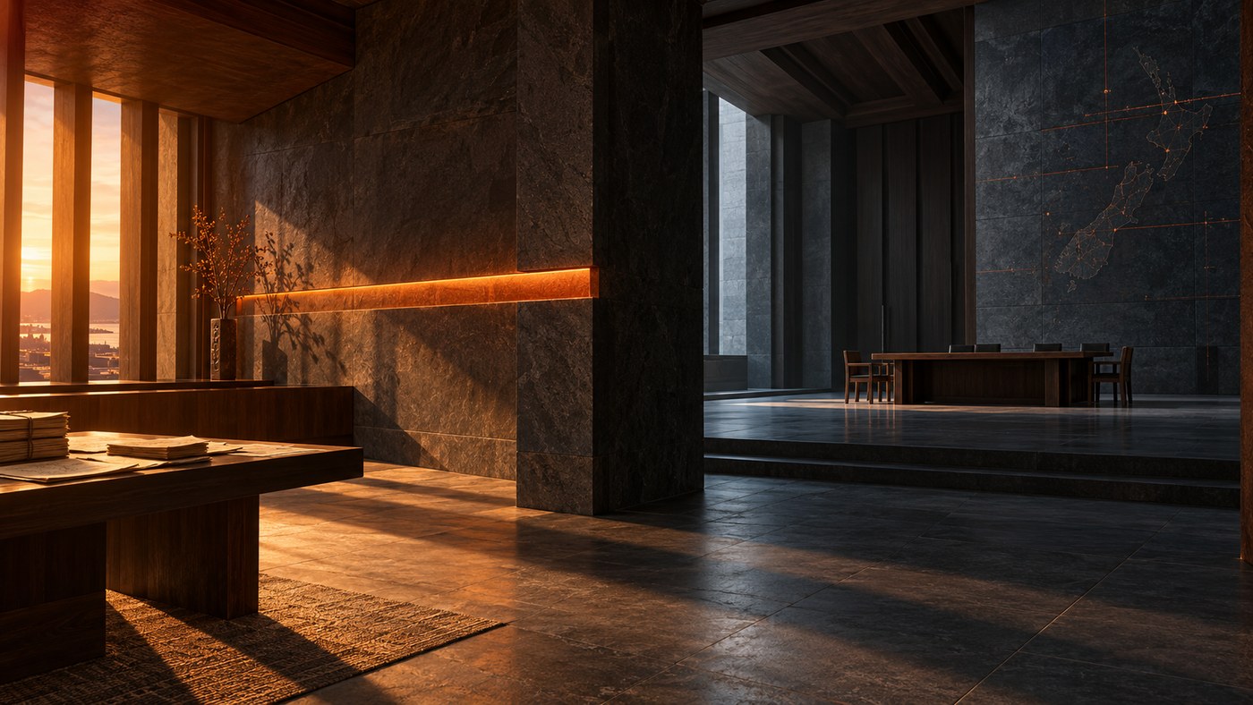 A sunlit front room and a darker meeting room beyond, separated by a stone wall.