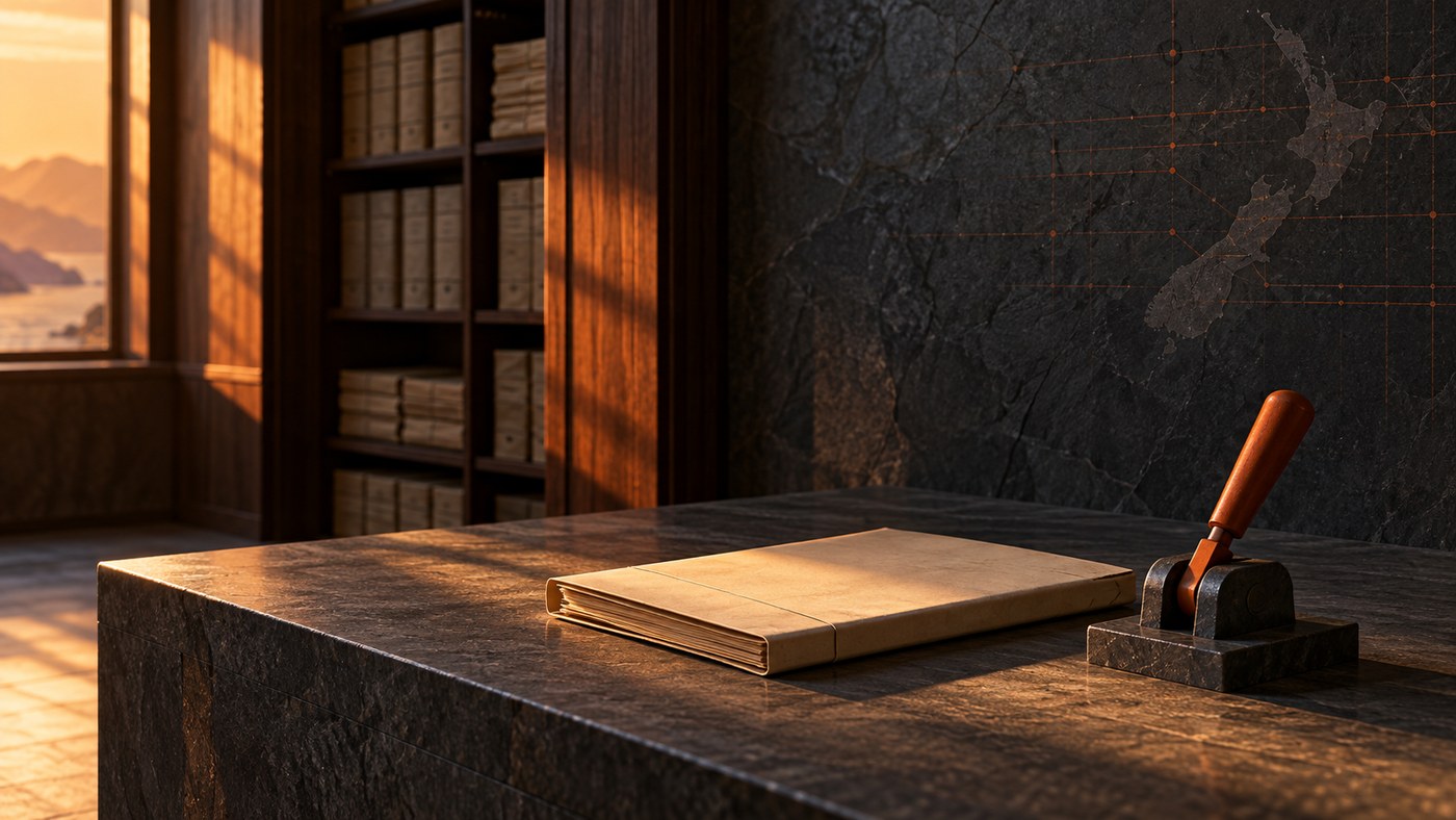 A closed case file and a stamp on a stone desk in late light.