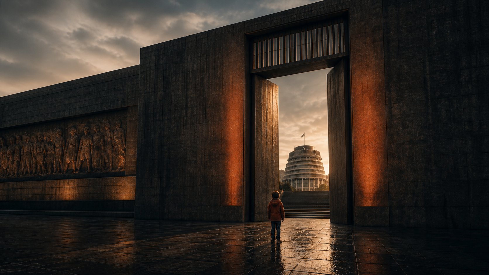 A child stands alone before a monumental dark gateway at dusk, the New Zealand Beehive framed in the opening beyond, lit in slate and burnt orange.