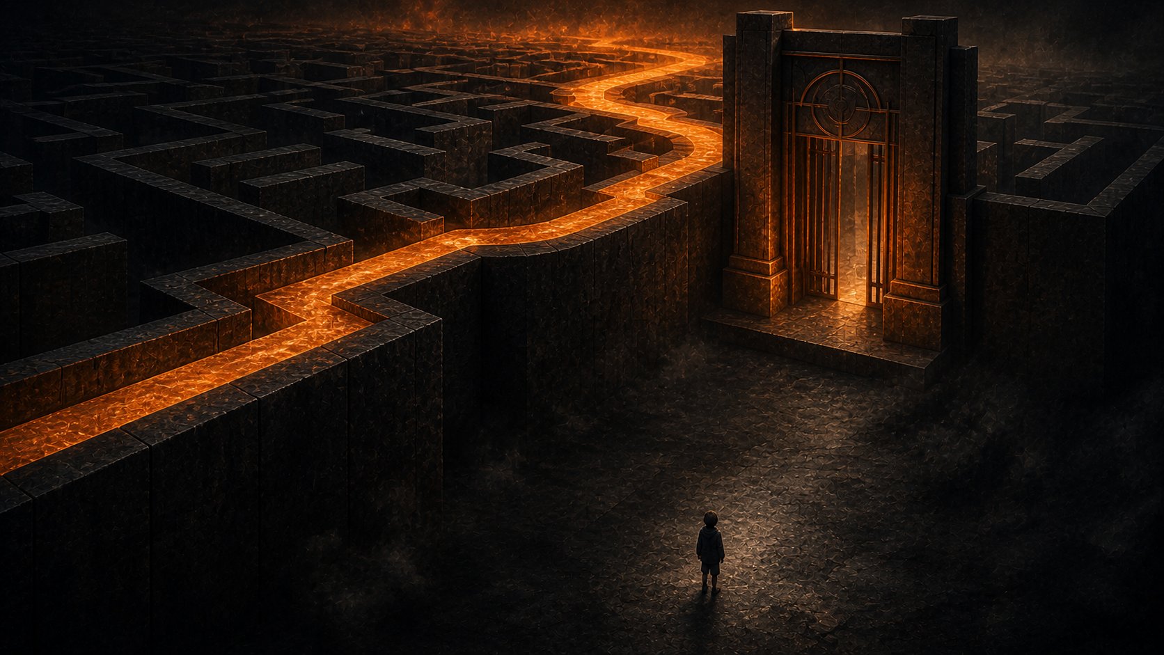 A small child stands at the edge of a vast dark maze, a single glowing orange path winding through it toward a lit gateway.
