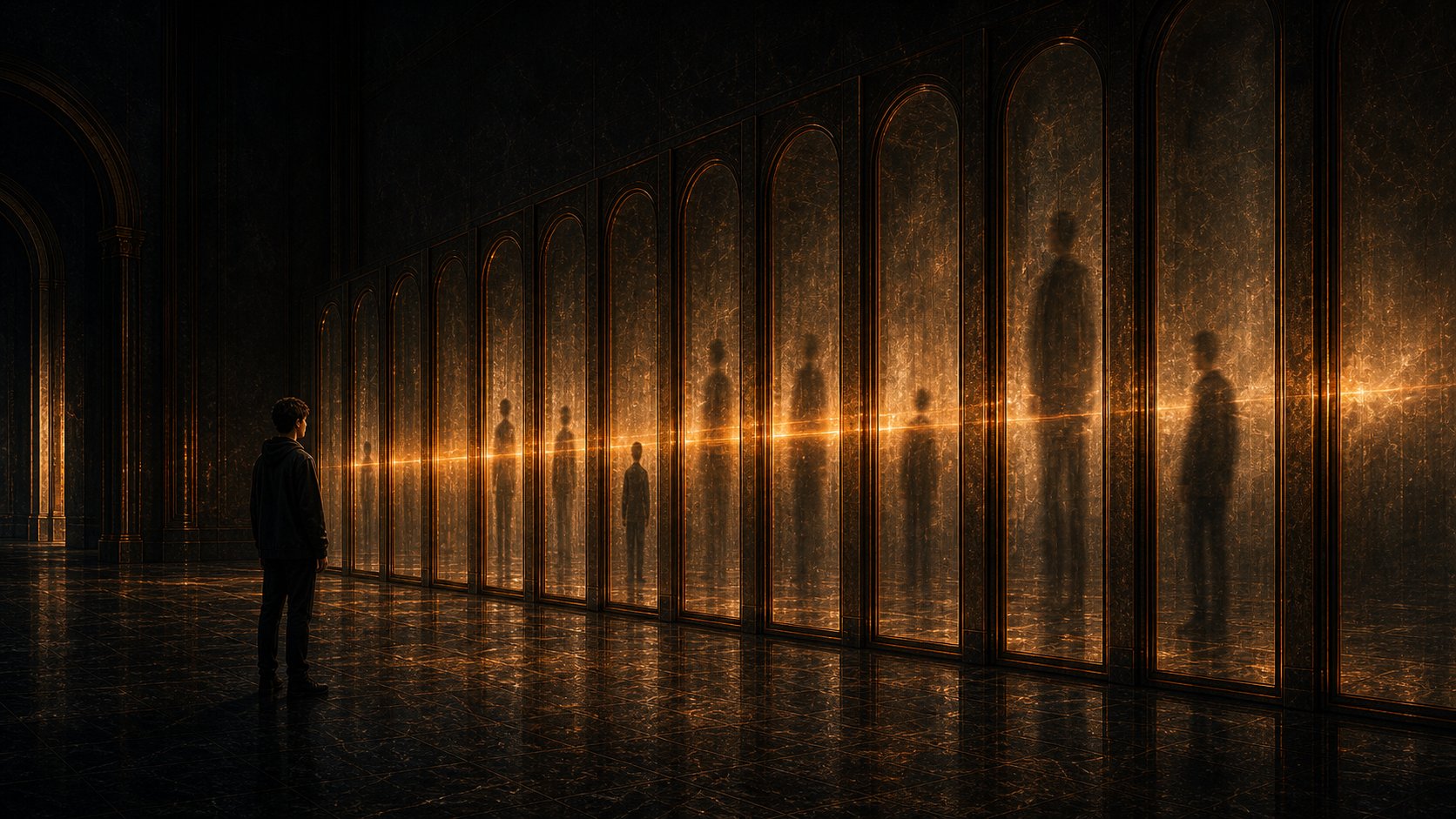 A lone figure faces a long colonnade of tall translucent amber panels, each holding the shadowed silhouette of a person, a thread of light running across them — a hall of screened figures.