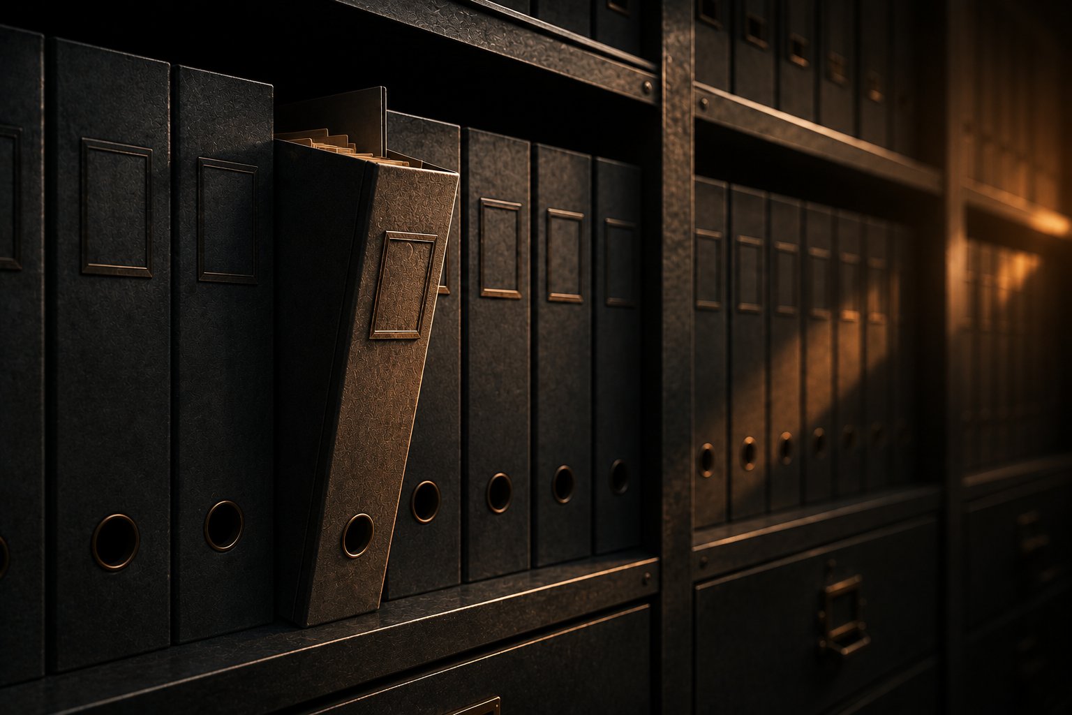 A single file pulled forward on an otherwise uniform shelf — Lex Praxis