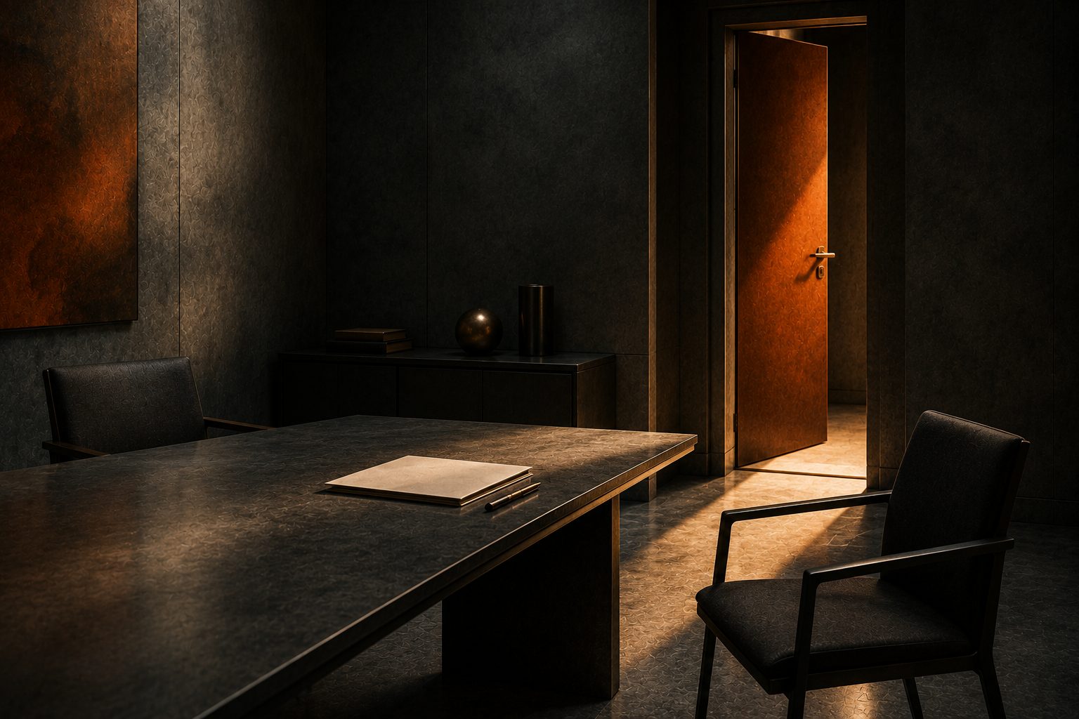A dark slate boardroom in warm, low light: a long table with a single cream folder and pen, an empty chair drawn back on the far side, and an open door with light spilling through from the corridor beyond.
