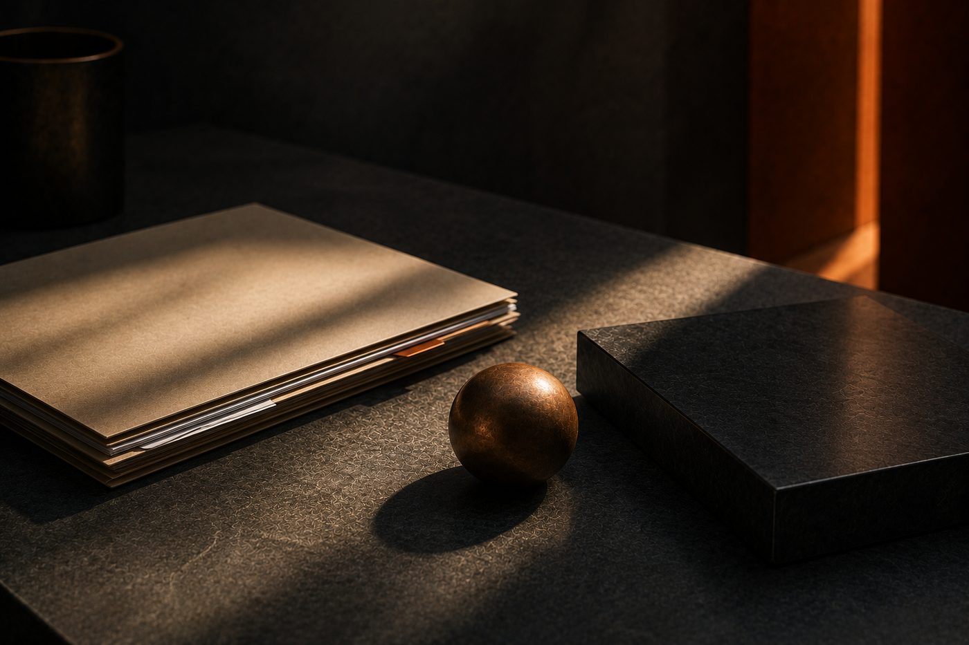 A cream folder of papers, a small burnished brass sphere, and a dark closed box arranged on a slate desk, a shaft of warm light falling across them.