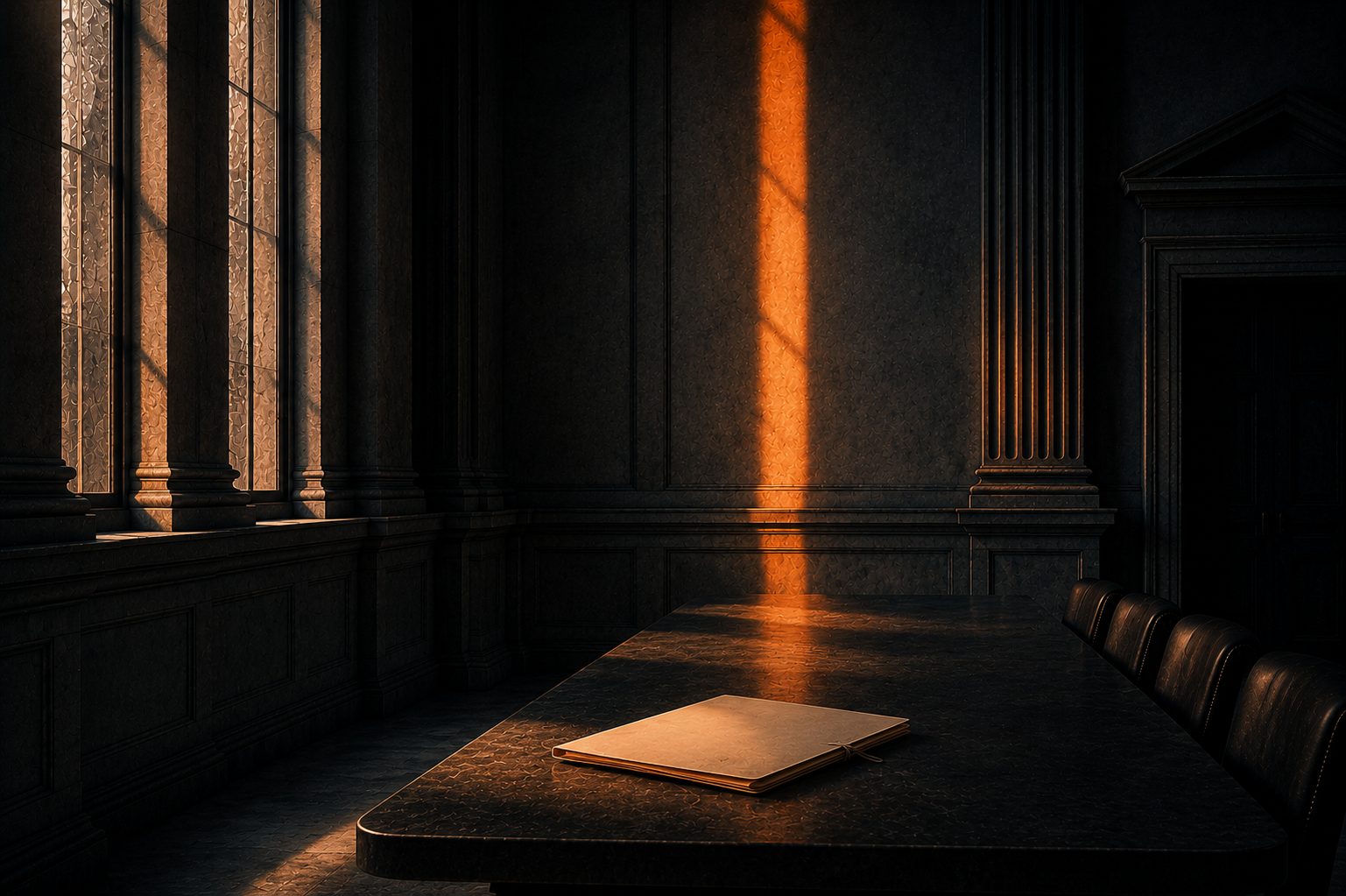 A formal, dimly lit chamber with tall windows and stone columns; a single shaft of warm orange light falls across a long dark table where one closed, tied document folder sits alone.